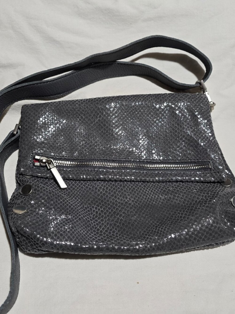 Hammitt VIP Crossbody Bag Grey Snakeskin Embossed Leather Red Lining EUC